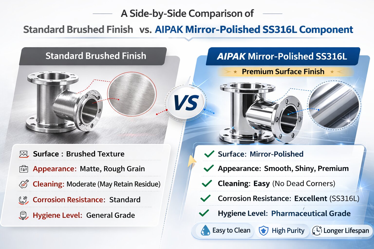 A side-by-side comparison of a standard brushed finish vs. an AIPAK mirror-polished SS316L componen