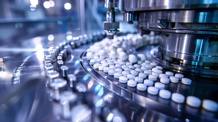 Compressed tablet flowing out the machine