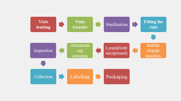 working steps of vial filling and sealing machine