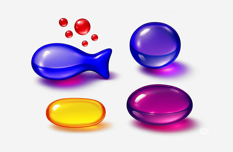 Different shapes and colors of soft gelatin capsules
