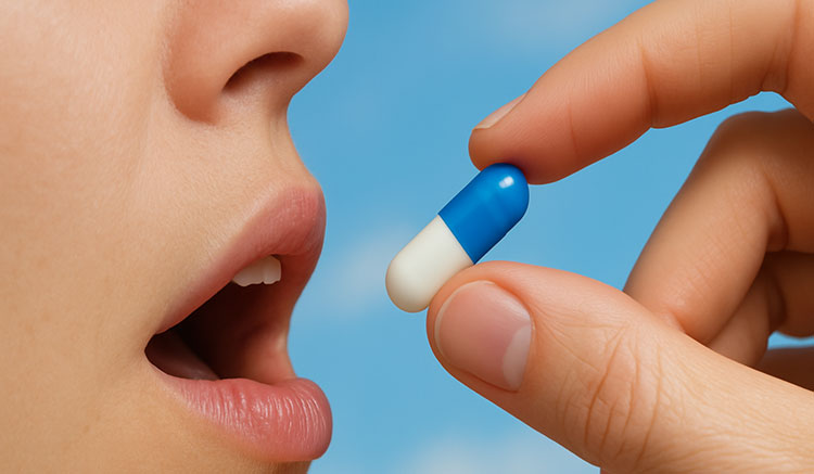 Person taking a blue white capsule orally