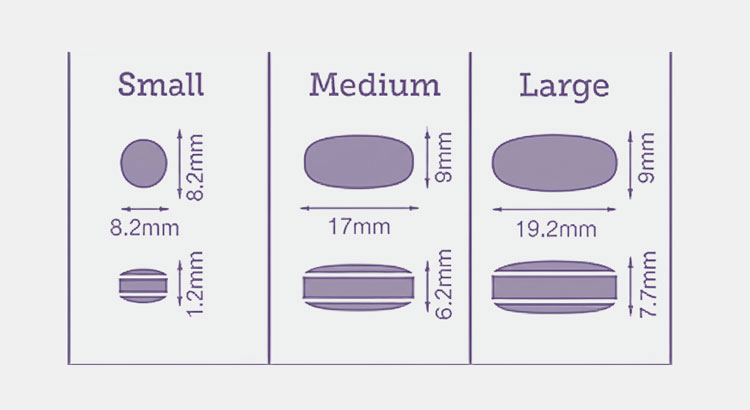 Random dimensions of a tablet in small, medium and large size