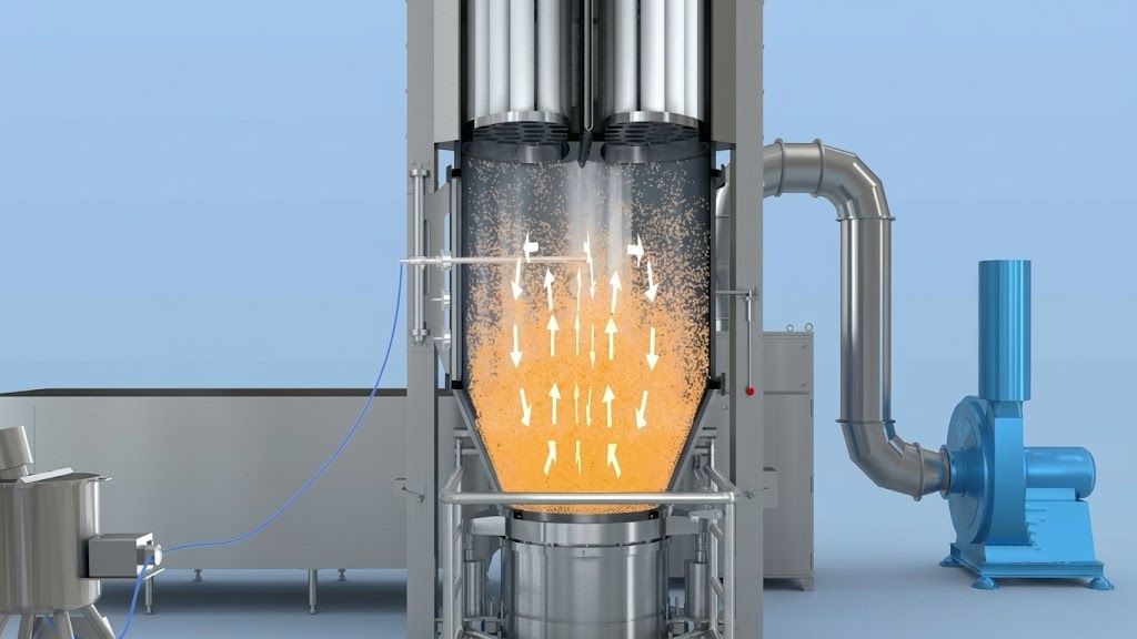 Fluid bed dryer removing moisture from granules