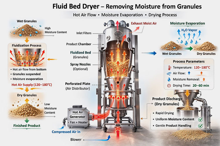Fluid bed dryer removing moisture
