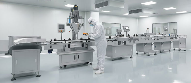 Technician testing bottles on the conveyor line