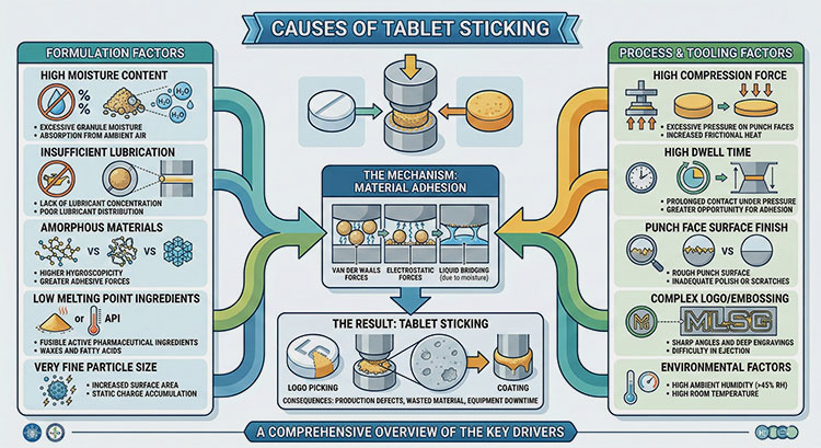 Causes of tablet sticking
