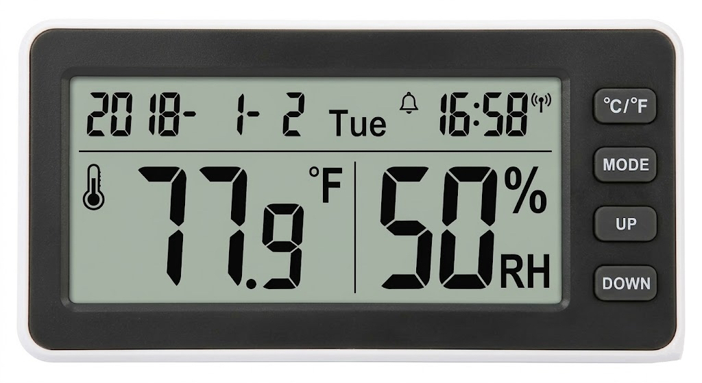 Digital hygrometer showing 50% humidity